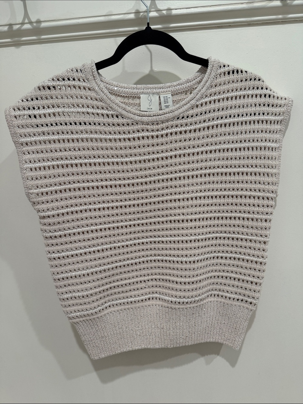 Joie Light Beige Sequined Open-Knit Short Sleeve Crew Sweater